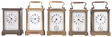 Clocks- 5 (Five): 3 (Three) French time, strike and alarm carriage clocks, one signed "Geo. W. Chatterton, Springfield Ills" and 2 (Two) Waterbury time and strike repeating carriage clocks, one with alarm and one signed "Minneapolis Heat Regulator Co., Minneapolis, Minn."