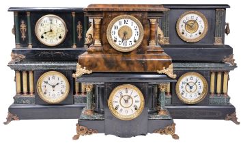 Clocks- 11 (Eleven) black mantel including E. Ingraham, Sessions, several Seth Thomas adamantine including the "Shasta" model, Welch "Nicolini" and an iron cased Waterbury.