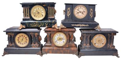 Clocks- 11 (Eleven) black mantel including E. Ingraham, Sessions, several Seth Thomas adamantine including the "Shasta" model, Welch "Nicolini" and an iron cased Waterbury.