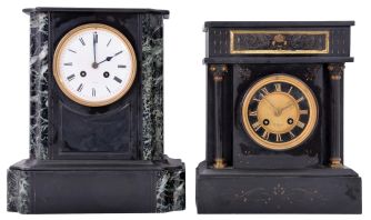 Clocks- 2 (Two) French mantel clocks, count wheel and bell time and strike, 8 day, spring driven, black marble cases, porcelain and stone dials one signed "A. Joigny" and the other signed "Gve. Rey, Paris".