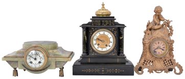 Clocks- 3 (Three) European mantel: (1) French time and strike mantel clock in green onyx case; (2) Hamburg American Clock Co., Germany, time and strike mantel clock in black marble case; (3) French time only figural clock with child figure