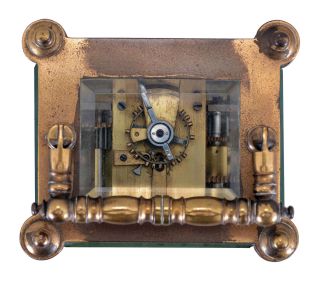 France, carriage clock with alarm, brass case with columns at the corners, turned feet and finials, and blind fret trim at top and base, Arabic numeral white enamel dial with gilt, filigree mask, 8 day time and alarm movement with lever platform, with leather covered outer case