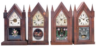 Clocks- 13 (Thirteen) assorted mantel clocks including steeples, cabinet, beehive, by Ansonia, Jerome & Co., Waterbury, Manross, Atkins, Ingraham, Terry & Andrews. Among the clocks is an early iron front, c. 1850, and a "Column" by Seth Thomas.