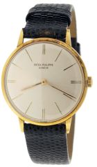 Patek, Philippe & Cie., Geneva, Switzerland, mans "Calatrava" wrist watch, ref. 3468, cal. 23 - 300, 18 jewels, manual winding, adjusted to 5 positions, temperature and isochronism, cotes de Geneve decorated nickel bar movement with lever escapement and free sprung gyromax balance in an 18 karat, yellow gold case, with engraved baton marker brushed metal dial, and gold stick hands, with lizard grain strap, serial #795312, 32mm, 36.9g TW, c1965.