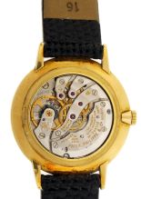 Patek, Philippe & Cie., Geneva, Switzerland, mans "Calatrava" wrist watch, ref. 3468, cal. 23 - 300, 18 jewels, manual winding, adjusted to 5 positions, temperature and isochronism, cotes de Geneve decorated nickel bar movement with lever escapement and free sprung gyromax balance in an 18 karat, yellow gold case, with engraved baton marker brushed metal dial, and gold stick hands, with lizard grain strap, serial #795312, 32mm, 36.9g TW, c1965.