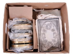Clock dials, bezels, and glasses, most new old stock including painted metal dials, modern tall clock dials, stenciled glass tablets, convex glasses, as well as new, vintage and antique bezels.