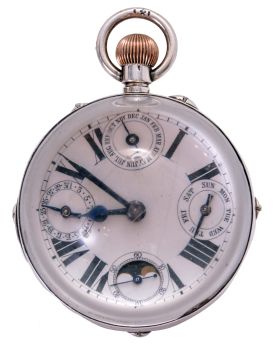 Switzerland, paperweight clock with calendar and phases of the moon, silver case mounted with transparent glass hemispheres, and with correctors for calendar and moon phases in the band, Roman numeral white enamel dial with subsidiary dials for the day, date, month, and seconds, blued steel hands, gilt, 30 hour, 11 jewel pin set movement with lever escapement, marked "Phoenix Indestructible", diameter 67mm