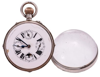 Switzerland, paperweight clock with calendar and phases of the moon, silver case mounted with transparent glass hemispheres, and with correctors for calendar and moon phases in the band, Roman numeral white enamel dial with subsidiary dials for the day, date, month, and seconds, blued steel hands, gilt, 30 hour, 11 jewel pin set movement with lever escapement, marked "Phoenix Indestructible", diameter 67mm