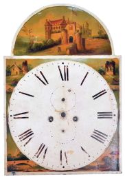 Dials- 7 (Seven). Painted tall clock dials, all English and Scottish, 4 for 30 hour, 3 for 8 day movements. Of note is the large dial with a castle scene faintly signed "Barrow, Bradford" which has particularly convincing faux winding arbors, c1860. One of the other dials is signed "James Corson, Maryport", c1850.