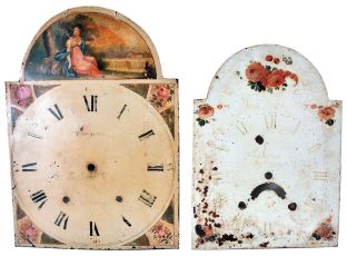 Dials- 7 (Seven). Painted tall clock dials, all English and Scottish, 4 for 30 hour, 3 for 8 day movements. Of note is the large dial with a castle scene faintly signed "Barrow, Bradford" which has particularly convincing faux winding arbors, c1860. One of the other dials is signed "James Corson, Maryport", c1850.