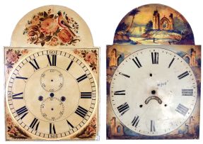 Dials- 7 (Seven). Painted tall clock dials, all English and Scottish, 4 for 30 hour, 3 for 8 day movements. Of note is the large dial with a castle scene faintly signed "Barrow, Bradford" which has particularly convincing faux winding arbors, c1860. One of the other dials is signed "James Corson, Maryport", c1850.