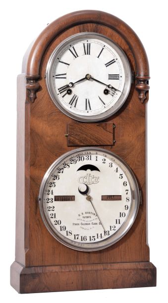 Ithaca Calendar Clock Co., Ithaca, NY, "Round Top No. 5" shelf clock with a spring driven, 8 day, time and strike movement with H. B. Horton