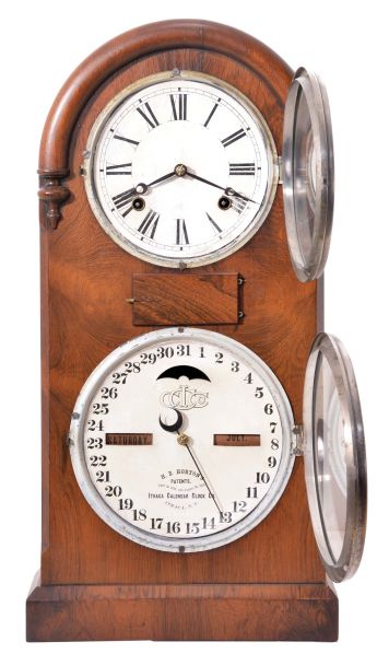 Ithaca Calendar Clock Co., Ithaca, NY, "Round Top No. 5" shelf clock with a spring driven, 8 day, time and strike movement with H. B. Horton