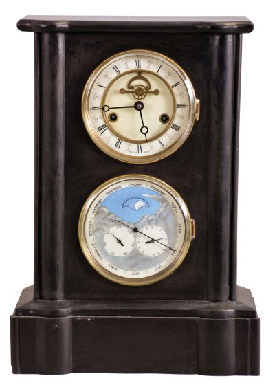 Chinese, reproduction "Double Dial Calendar" mantel clock, copy of French style wtih visible escapement on the dial, and with a rotating halifax style moon in the center of the calendar, showing its phases.