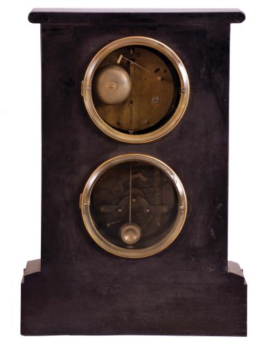Chinese, reproduction "Double Dial Calendar" mantel clock, copy of French style wtih visible escapement on the dial, and with a rotating halifax style moon in the center of the calendar, showing its phases.