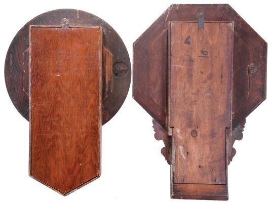 Clocks- 2 (Two): (1) Atkins Clock Co., Bristol, Conn., "Drop Octagon" wall clock with an 8 day spring driven time only movement in a rosewood veneered case, c1865; (2) Waterbury Clock Co., Waterbury, Conn., "Round Head Drop" wall clock with an 8 day spring driven time only movement in an oak case, c1912.