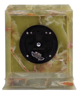 Elliott, London, for Garrard & Co., Ltd., shelf clock, rectilinear green onyx case with gilt bezel, gilt composite dial, blued steel trefoil hands, 8 day timepiece movement with lever escapement