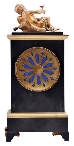 France, a small gilt and patinated bronze mantel clock in the Empire style, case with green patination and gilt mounts, surmounted by a reclining putto, Roman numeral, engine turned, silvered dial, blued steel Breguet style hands, 8 day, time and strike, pendule de Paris movement, signed Marti