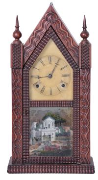 Brewster & Ingrahams, Bristol, Conn., 30 hour, time and strike spring driven movement sharp gothic or steeple clock, c1845, with later ripple moulding.