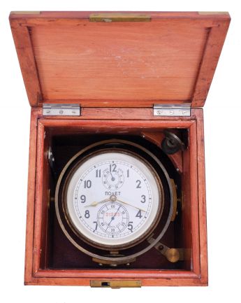 Poljot (Russian) marine chronometer in box with brass corner hardware, two day fusee movement with spring detent escapement, serial 01285