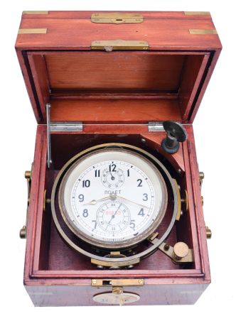 Poljot (Russian) marine chronometer in box with brass corner hardware, two day fusee movement with spring detent escapement, serial 01285