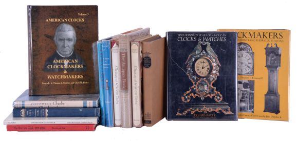 Books- 13 (Thirteen) classic and out of print references on clocks and antiques: American Clock (Battison & Kane) ; Clockmakers of Lancaster County (Wood/Kramer), Two Hundred Years (Bailey), Clocks (Cooper Hewitt Museum), American Clockmakers (Spittlers/Bailey), Pennsylvania Clocks (Eckhardt), Book of American Clocks (2; Palmer), Horology American (Dworetsky), Treasury of American Clocks (2; Palmer), The Antiques Book (Winchester), English and American Furniture (Cescinsky). Authors include Robey, Roberts, Ly, Allix, Taylor, Wood & Kramer, Husher & Welch, Parsons, Bailey, Sobel, Willard, Battison & Kane, Robinson & Burt, Ela, Gardner, Holly, Oechsle, Fanelli, Nutting, Edwardes, Coleman, Mussey, Rath, Balzer, Drepperd, Nicholson, Ly price guides, etc. CONDITION: three boxes; most are hardcovers in very good condition.