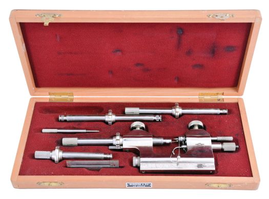 Steiner/ Bergeon Jacot tool, covering pivot diameters .04mm to 1.2mm, with pivot gauge, spring drive, and original box