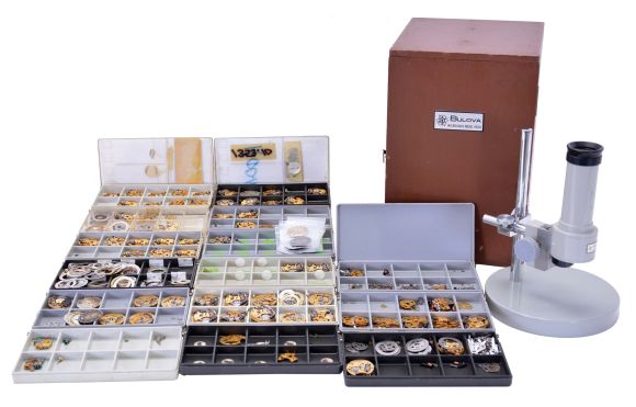 Bulova Accutron movements and parts, 15 boxes, together with a Bulova model 9020 Micro loupe dimensions of micro loupe box listed