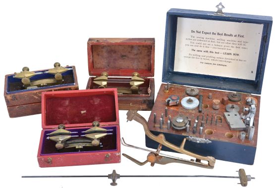 Watchmakers tools, including three depthing tools with boxes, a Clement Combined Lathe Attachment box with accessories, a fusee adjusting rod, and one unidentified tool, Clement box dimensions listed
