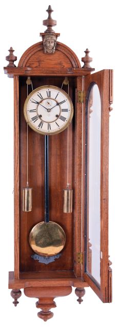 Ansonia Clock Co., New York, NY, "Capitol", 8 day, time only double weight driven, brass movement wall timepiece.