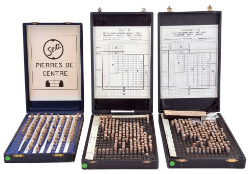 Seitz friction jewel assortments- 3 (Three): two containing balance and plate jewels, the other containing center jewels, larger box dimensions listed