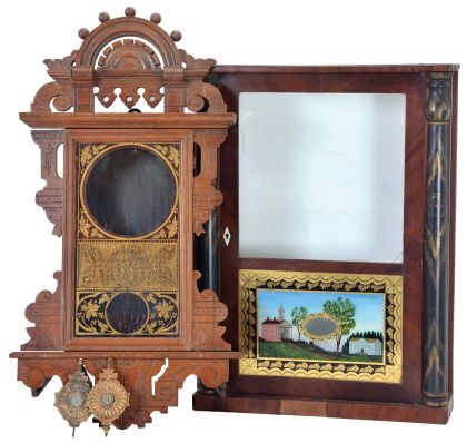 Clock Cases -2 (Two): (1) Case for a Seth Thomas "Eclipse" model wall hanging clock, c1890; (2) Partial case for a short stenciled half column wooden works shelf clock, c1830.