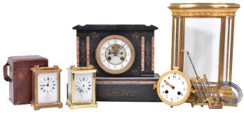 Clocks- 4 (Four) French mantel: (1) carriage clock, time and alarm with leather covered case; (2) carriage clock, time and strike; (3) black marble with visible escapement; (4) bow front time and strike crystal regulator with mercury pendulum