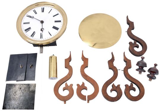 Tall Clocks- 3 (Three): The first, a late 19th century pinwheel regulator, oak case with round top and removable crest, sides with applied scroll ornament, Roman numeral white enamel dial, blued steel hands, 8 day weight driven timepiece movement with heavy gridiron pendulum, the next an 18th century European tall clock with walnut veneer case, molded and paneled base below trunk door with glazed oculus, bonnet with canted corners, 8 day, time and strike movement, and sheet iron dial with applied chapter ring, the last by T. Gate, Carlisle, oak case with flat top bonnet, brass composite dial, and 8 day, time and strike movement, together with a nickel plated regulator pendulum,