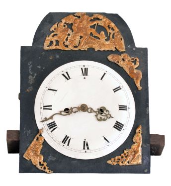 Tall Clocks- 3 (Three): The first, a late 19th century pinwheel regulator, oak case with round top and removable crest, sides with applied scroll ornament, Roman numeral white enamel dial, blued steel hands, 8 day weight driven timepiece movement with heavy gridiron pendulum, the next an 18th century European tall clock with walnut veneer case, molded and paneled base below trunk door with glazed oculus, bonnet with canted corners, 8 day, time and strike movement, and sheet iron dial with applied chapter ring, the last by T. Gate, Carlisle, oak case with flat top bonnet, brass composite dial, and 8 day, time and strike movement, together with a nickel plated regulator pendulum,