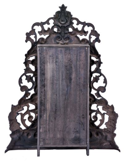 American Clock Co., New York, attribution fancy cast iron front mantel clock with an 8 day spring driven time and strike movement (marked S. Thomas, Plymouth, Conn.) .