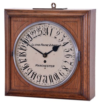 English, 8 day, spring driven, fusee movement wall timepiece with a 24-hour dial with the name "Lloyd Payne & Amiel, Manchester" on the dial.