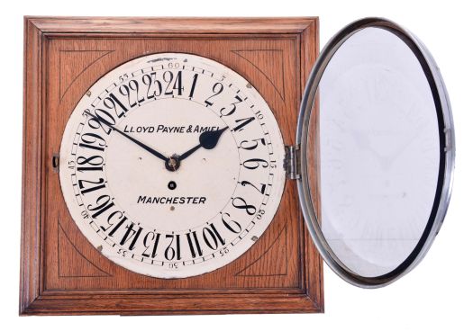 English, 8 day, spring driven, fusee movement wall timepiece with a 24-hour dial with the name "Lloyd Payne & Amiel, Manchester" on the dial.