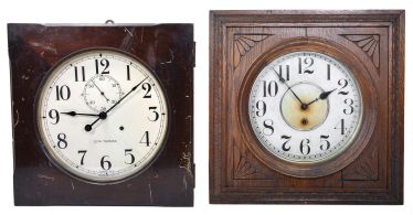 Clocks- 4 (Four) American spring driven gallery clocks: 2 (Two) Seth Thomas double sided; Seth Thomas single sided 30 day duration; Sessions in a carved oak case