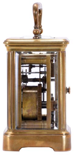 Golay, Fils & Stahl, Geneve, Mignonette #1 carriage clock, brass Corniche case set with beveled glasses, Roman numeral white enamel dial, blued steel hands, 8 day timepiece movement with lever platform