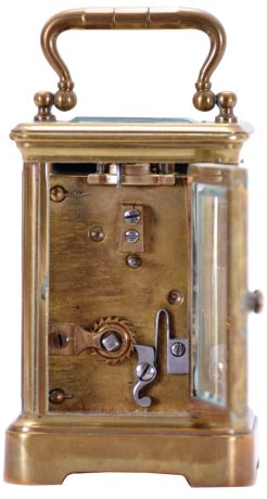 Golay, Fils & Stahl, Geneve, Mignonette #1 carriage clock, brass Corniche case set with beveled glasses, Roman numeral white enamel dial, blued steel hands, 8 day timepiece movement with lever platform