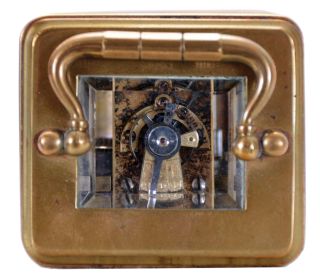 Golay, Fils & Stahl, Geneve, Mignonette #1 carriage clock, brass Corniche case set with beveled glasses, Roman numeral white enamel dial, blued steel hands, 8 day timepiece movement with lever platform