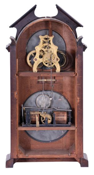 Ithaca Calendar Clock Co., Ithaca, NY, "No. 8 Shelf Library" with a spring driven 30 day Hubbell time only movement and a perpetual calendar mechanism in a walnut case.