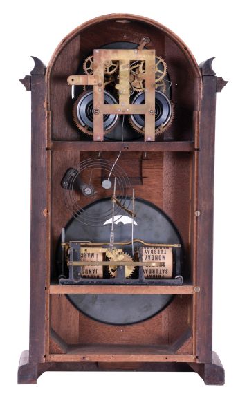 Ithaca Calendar Clock Co., Ithaca, NY, "No. 8 Shelf Library" with a spring driven, 8 day, time and strike movement and a perpetual calendar mechanism in a walnut case.