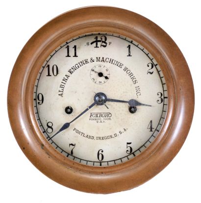 Seth Thomas Clock Co., Thomaston, Conn., 8 day, double wind spring driven, lever movement Ward room or engine room clock. The case and dial may have been made by the Foxboro Company with a movement supplied by Seth Thomas. They were a manufacturer of industrial control instruments.