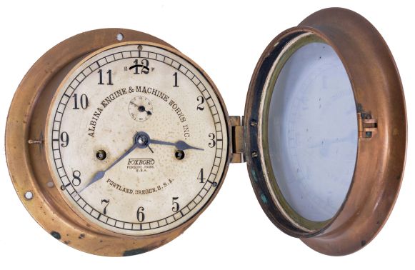 Seth Thomas Clock Co., Thomaston, Conn., 8 day, double wind spring driven, lever movement Ward room or engine room clock. The case and dial may have been made by the Foxboro Company with a movement supplied by Seth Thomas. They were a manufacturer of industrial control instruments.
