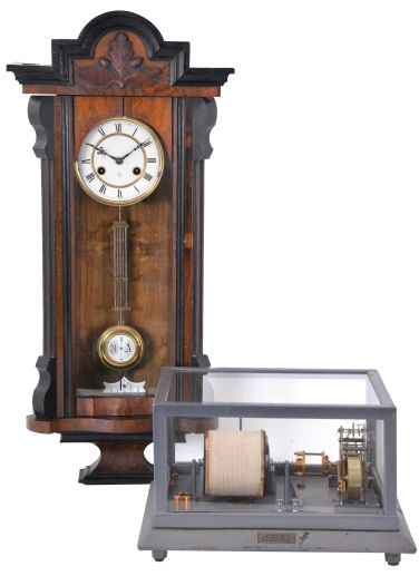 Clock and Anenometer- Junghans Vienna regulator spring driven wall clock and a Friez Instruments Baltimore glass encased anemometer.