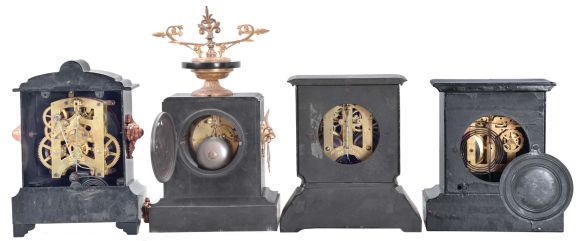 Clocks- 4 (Four): (1) Waterbury Clock Co., Waterbury, Conn., "Whither" shelf clock with a spring driven, 8 day, time and strike movement in an enameled iron case, c1896; (2) Unidentified French mantel clock with a spring driven, 8 day time and half hour strike movement in a marble case, c1890; (3) Ansonia Clock Co., New York, NY, "Dover" shelf clock with a spring driven, 8 day time and half hour strike movement in an enameled iron case, c1904; (4) New Haven Clock Co., New Haven, Conn., unidentified shelf clock with a spring driven, 8 day time and hour strike movement in an enameled iron case, c1900.