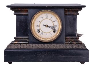 Waterbury Clock Co., Waterbury, Conn., "Dakota", 8 day, time and strike spring driven, lever movement black mantel clock. These clocks were bought by The Loheide Mfg. Co. and modified and sold as a "Trade Stimulator", - a gambling clock.