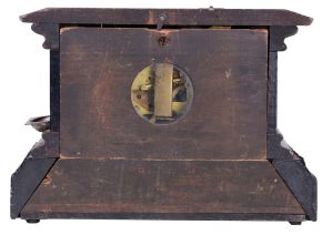 Waterbury Clock Co., Waterbury, Conn., "Dakota", 8 day, time and strike spring driven, lever movement black mantel clock. These clocks were bought by The Loheide Mfg. Co. and modified and sold as a "Trade Stimulator", - a gambling clock.